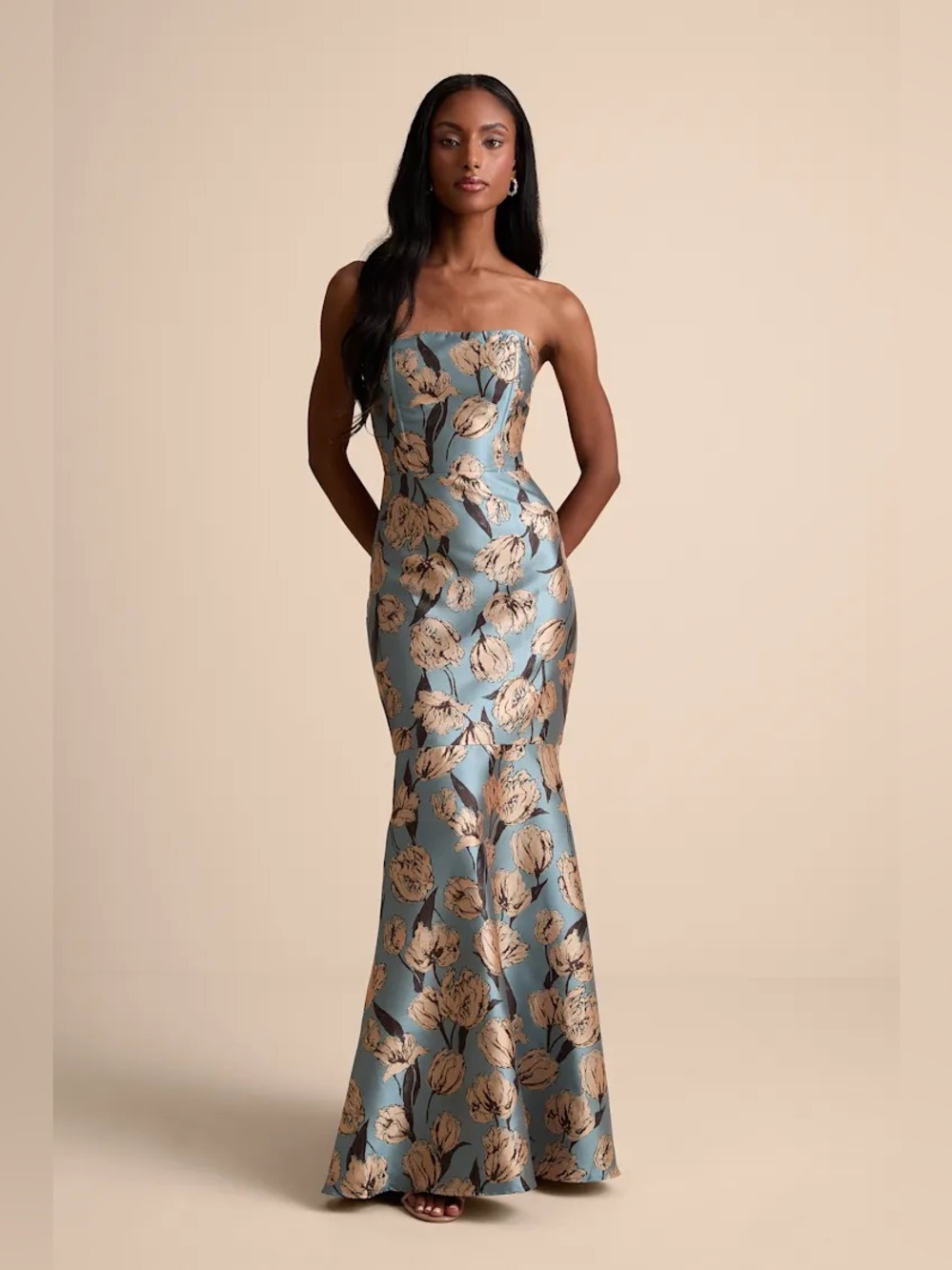 Lulus Gowning Around Slate Blue Floral Jacquard Strapless Maxi Dress med as is**